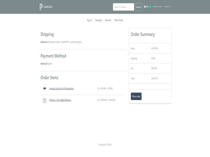 Picture showing the cart page of LuxeLuke website